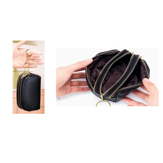 Portafoglio compatto da donna in pelle con 3 tasche zip porta carte monete Portafogli donna Portafoglio compatto da donna in pelle con 3 tasche zip porta carte monete Portafogli donna